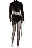 Black Sexy Solid Bandage Patchwork See-through Fold Asymmetrical Long Sleeve Two Pieces