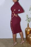 Burgundy Sexy Solid Hollowed Out Patchwork Turtleneck One Step Skirt Dresses
