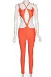 Orange Fashion Sexy Solid Hollowed Out V Neck Skinny Jumpsuits