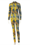 Yellow Fashion Casual Print Basic Zipper Collar Skinny Jumpsuits