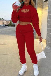 Red Fashion Casual Solid Hollowed Out Hooded Collar Long Sleeve Three-piece Set