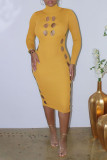 Yellow Sexy Solid Hollowed Out Patchwork Turtleneck One Step Skirt Dresses