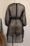Black Sexy Print Polka Dot Patchwork See-through With Belt O Neck Princess Dresses