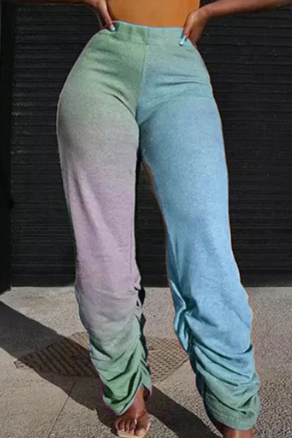 Blue Fashion Casual Gradual Change Print Fold Regular High Waist Trousers