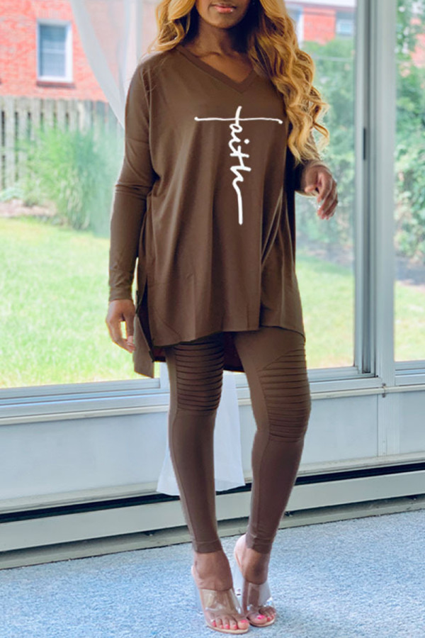 Coffee Fashion Casual Print Slit V Neck Long Sleeve Two Pieces