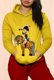 Yellow Casual Print Patchwork Hooded Collar Tops