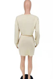 Cream White Casual Solid Split Joint O Neck Long Sleeve Two Pieces