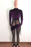 Purple Fashion Sexy Patchwork See-through Asymmetrical Half A Turtleneck Skinny Jumpsuits