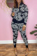 Black Fashion Street Print Patchwork O Neck Long Sleeve Two Pieces