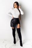 Black PU Zipper Fly Sleeveless Mid Zippered Patchwork Split Solid Hip skirt shorts Skirts