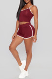 Burgundy Sexy Sportswear Solid Vests Spaghetti Strap Sleeveless Two Pieces