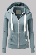 Light Blue Fashion Casual Solid Patchwork Zipper Hooded Collar Outerwear