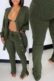 Olive Green Casual Solid Patchwork Buckle Slit V Neck Long Sleeve Two Pieces