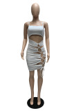 White Fashion Sexy Solid Hollowed Out Spaghetti Strap Sleeveless Dress Dresses