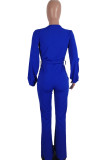 Blue Fashion Casual Solid Bandage V Neck Boot Cut Jumpsuits