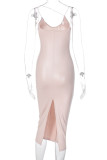 Bare Color Fashion Sexy Solid Backless Spaghetti Strap Long Dress