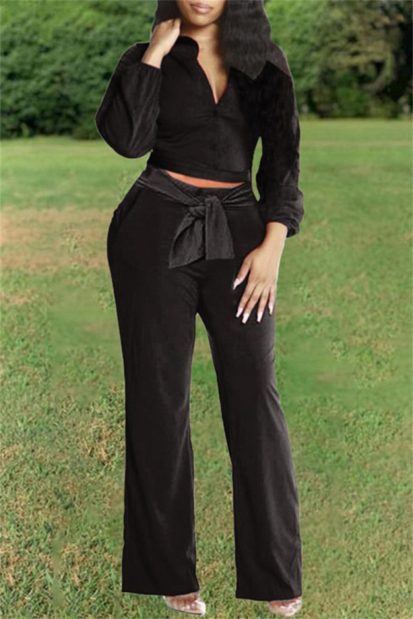 Black Fashion Casual Solid Bandage Turndown Collar Long Sleeve Two Pieces