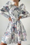 White Fashion Casual Print Basic O Neck Long Sleeve Dresses
