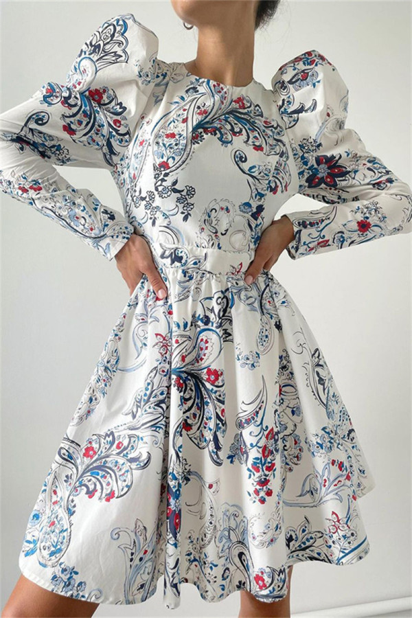 White Fashion Casual Print Basic O Neck Long Sleeve Dresses
