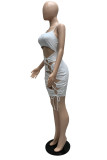 White Fashion Sexy Solid Hollowed Out Spaghetti Strap Sleeveless Dress Dresses