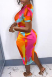 Colour Fashion Casual Print Tie Dye Slit O Neck Short Sleeve Two Pieces