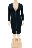 Black Fashion Casual Solid Zipper V Neck Long Sleeve Plus Size Dresses