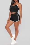 Black Sexy Sportswear Solid Vests Spaghetti Strap Sleeveless Two Pieces