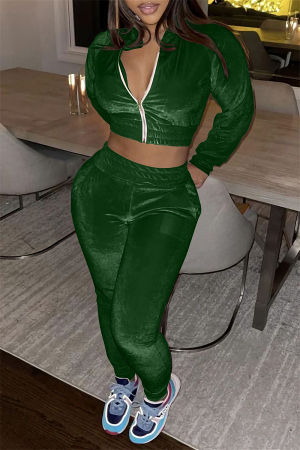 Green Fashion Casual Solid Basic Zipper Collar Long Sleeve Two Pieces