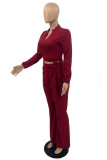 Red Fashion Casual Solid Bandage Turndown Collar Long Sleeve Two Pieces