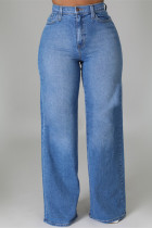 Medium Blue Fashion Casual Solid Basic High Waist Regular Denim Jeans