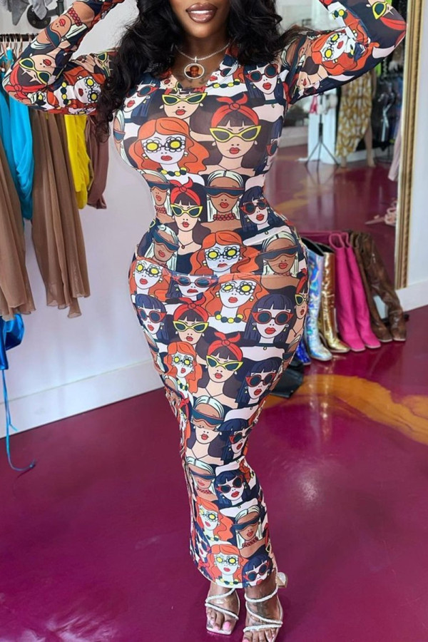 Multicolor Fashion Casual Print Basic O Neck Long Sleeve Dresses