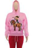 Pink Casual Print Patchwork Hooded Collar Tops