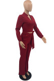 Red Fashion Casual Solid Bandage Turndown Collar Long Sleeve Two Pieces