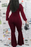 Rose Red Fashion Casual Solid Bandage V Neck Boot Cut Jumpsuits
