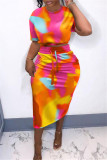 Colour Fashion Casual Print Tie Dye Slit O Neck Short Sleeve Two Pieces