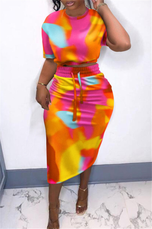 Colour Fashion Casual Print Tie Dye Slit O Neck Short Sleeve Two Pieces