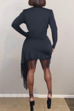 Black Fashion Casual Solid Tassel O Neck Long Sleeve Dresses