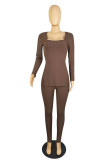 Brown Fashion Casual Solid Slit Square Collar Long Sleeve Two Pieces