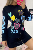 Black Fashion Print Hot Drilling Patchwork Zipper O Neck Long Sleeve Dresses