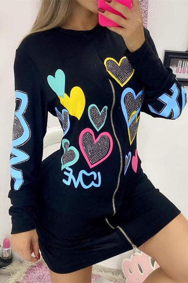 Black Fashion Print Hot Drilling Patchwork Zipper O Neck Long Sleeve Dresses