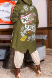 Green Fashion Casual Print Slit Hooded Collar Outerwear