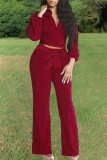 Red Fashion Casual Solid Bandage Turndown Collar Long Sleeve Two Pieces