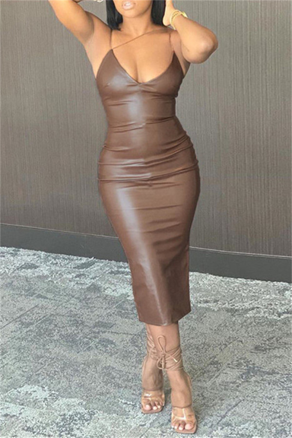 Brownness Fashion Sexy Solid Backless Spaghetti Strap Long Dress
