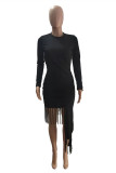 Black Fashion Casual Solid Tassel O Neck Long Sleeve Dresses