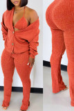 Tangerine Red Casual Solid Patchwork Buckle Slit V Neck Long Sleeve Two Pieces