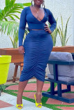 Blue Sexy Casual Solid Fold V Neck Long Sleeve Two Pieces