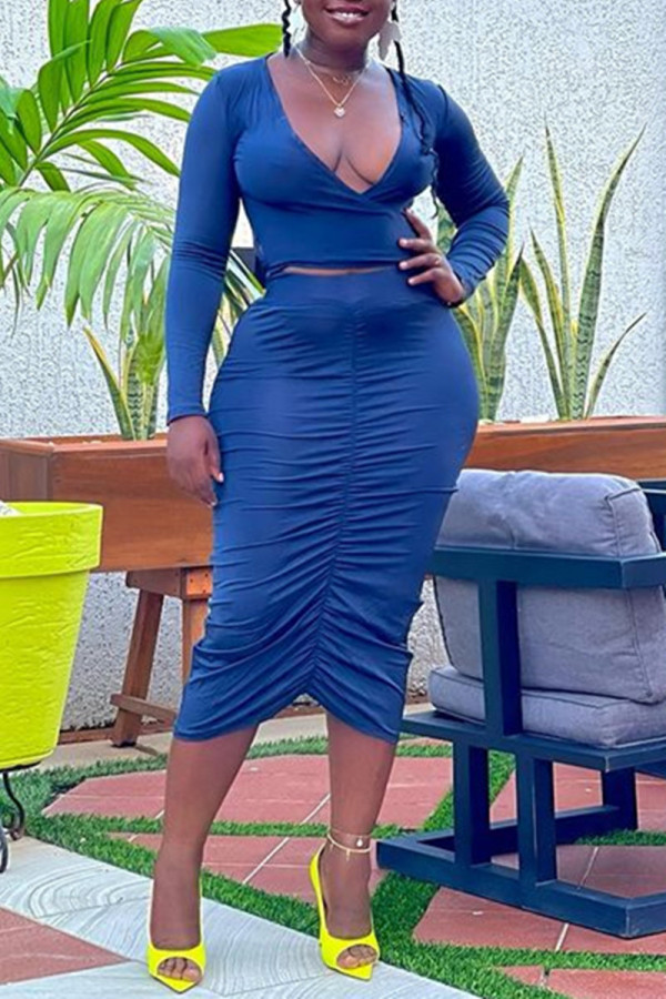 Blue Sexy Casual Solid Fold V Neck Long Sleeve Two Pieces