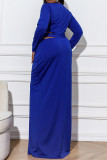 Blue Fashion Plus Size Patchwork Solid Hollowed Out Slit O Neck Evening Dress