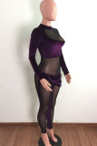 Purple Fashion Sexy Patchwork See-through Asymmetrical Half A Turtleneck Skinny Jumpsuits