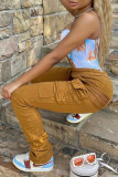 Grey Fashion Casual Solid Patchwork Regular High Waist Conventional Solid Color Bottoms